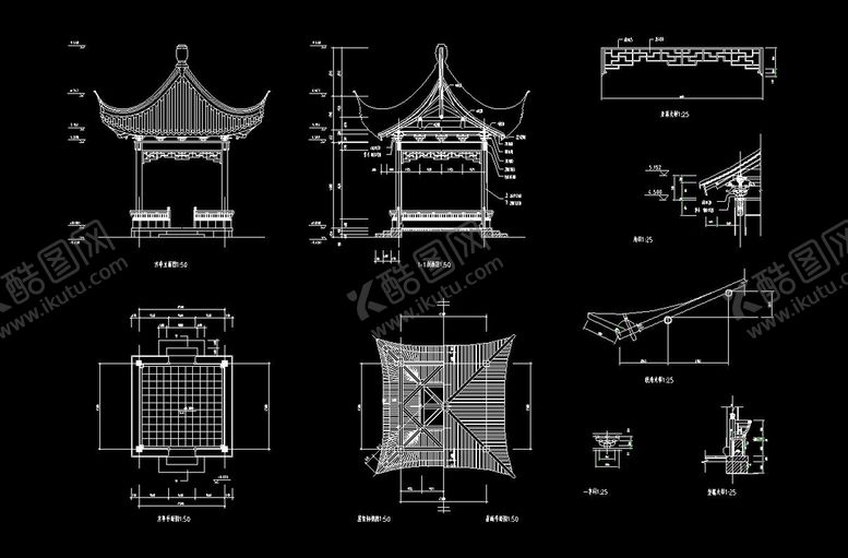 编号：69432010092355343589【酷图网】源文件下载-四角亭cad施工图