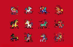 红色背景多彩卡通图案集合