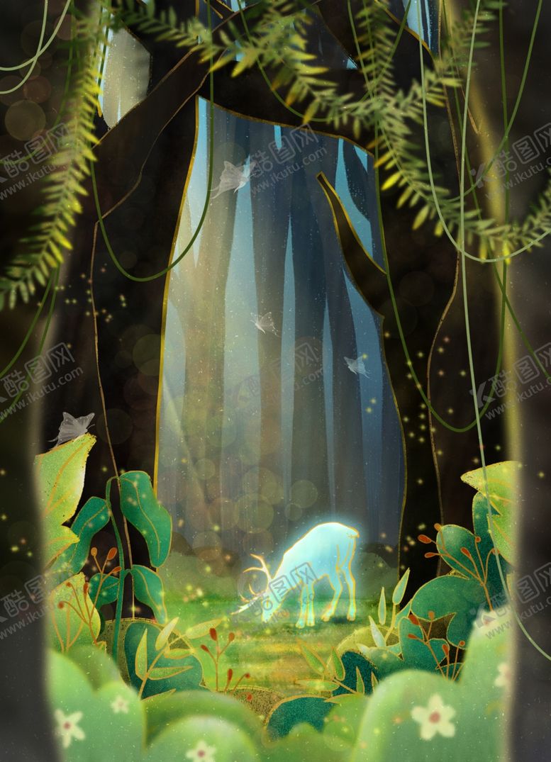 编号：92089309202332153816【酷图网】源文件下载-森林中的小鹿场景插画