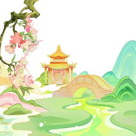 彩色国潮风卡通亭子风景