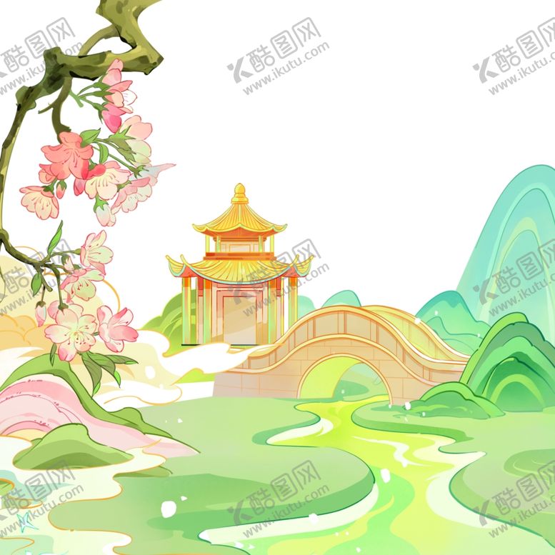 编号：52948704031408497169【酷图网】源文件下载-彩色国潮风卡通亭子风景