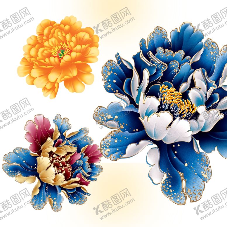 编号：15911010191130396764【酷图网】源文件下载-国画牡丹花红花金色花