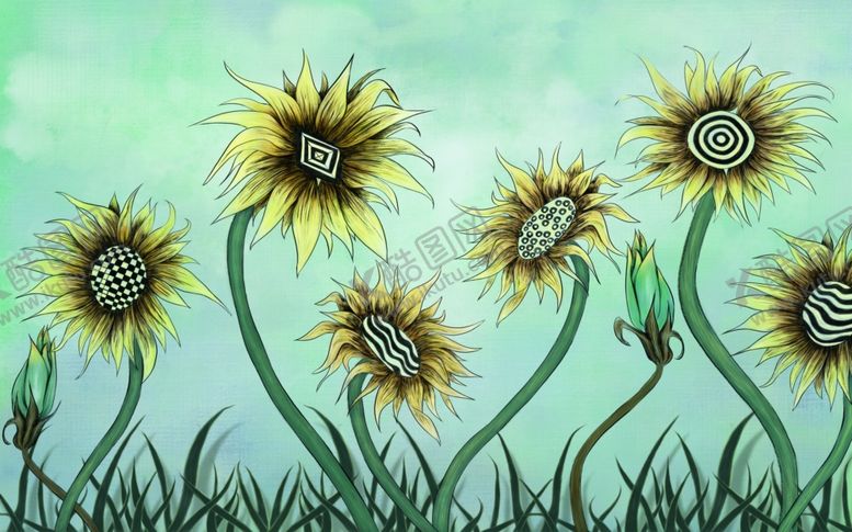 编号：41801910021647392919【酷图网】源文件下载-儿童房间装饰卡通向日葵背景墙