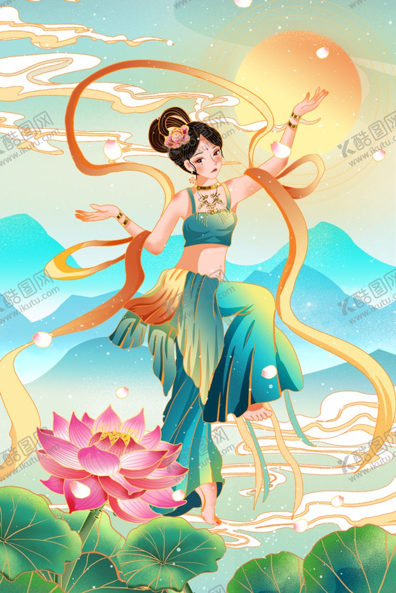 编号：09587410062011373946【酷图网】源文件下载-飞天手绘卡通仙女中国风荷花云山