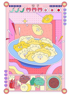 趣味复古美食饺子插画