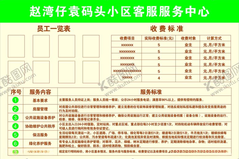 编号：89039210311417515722【酷图网】源文件下载-物业展板收费标准服务