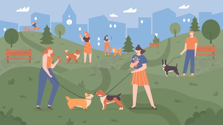 编号：43006104071647019275【酷图网】源文件下载-公园遛狗插图
