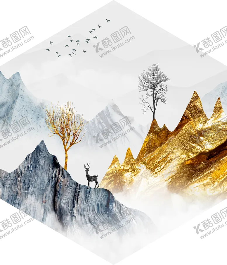 编号：58142111031128584594【酷图网】源文件下载-金色山水麋鹿装饰画