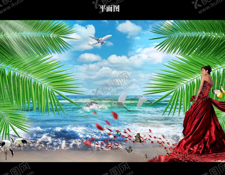 编号：48671909230017143046【酷图网】源文件下载-夏日海边沙滩风景美女源文件图