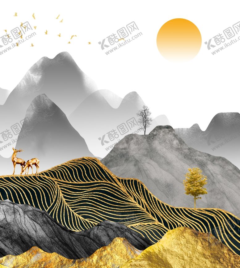 编号：71604801310640535063【酷图网】源文件下载-水墨山脉金箔山脉艺术挂画装饰画
