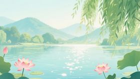 湖畔荷花垂柳诗意美景