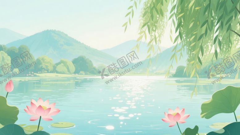 编号：57099904242104315986【酷图网】源文件下载-湖畔荷花垂柳诗意美景