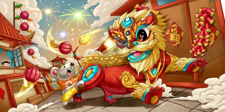 编号：53157901282246138619【酷图网】源文件下载-国潮新年舞狮插画
