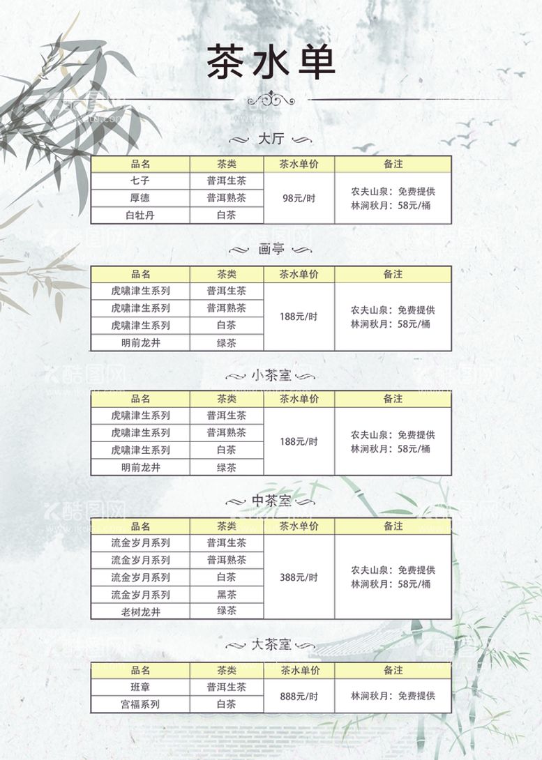 编号：84615309281455188741【酷图网】源文件下载-茶水单