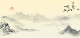 水墨群山日出景观图