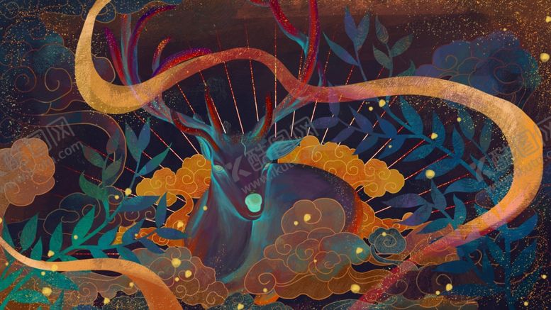 编号：45447109152040536627【酷图网】源文件下载-敦煌壁画古风传统墙画艺术神鹿