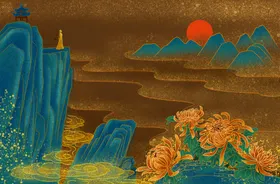 国潮孔雀鎏金中风山水壁画
