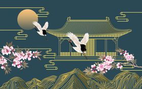 新中式宫廷古风建筑花鸟背景墙