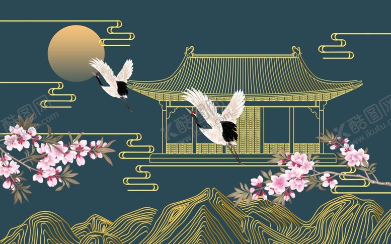 编号：69385609130845563159【酷图网】源文件下载-新中式宫廷古风建筑花鸟背景墙