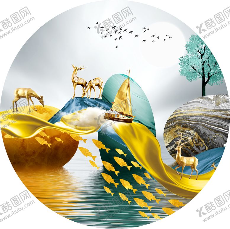 编号：85319409262337570984【酷图网】源文件下载-金色麋鹿山水圆形玄关