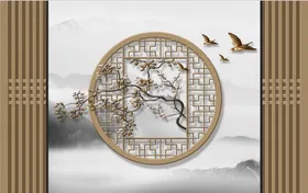 山水画高清素材新中式背景墙客厅
