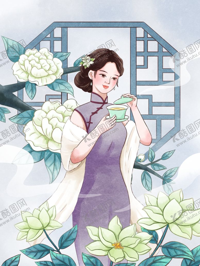 编号：69814101050303396921【酷图网】源文件下载-旗袍女子于花丛中浅笑