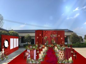 红色中式庭院户外婚礼主舞台效果