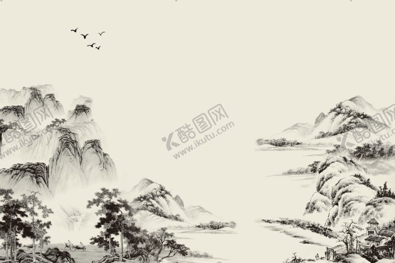 编号：98272910270011015923【酷图网】源文件下载-国画山水情电视背景墙