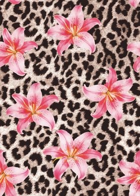 豹纹底粉色花卉图案