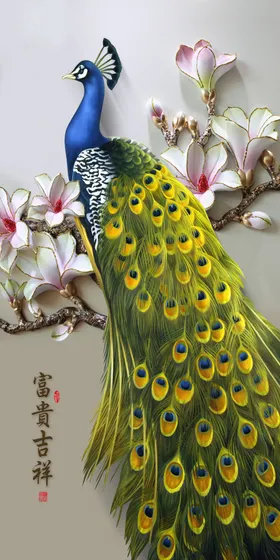 孔雀国风壁纸山水画走廊壁画