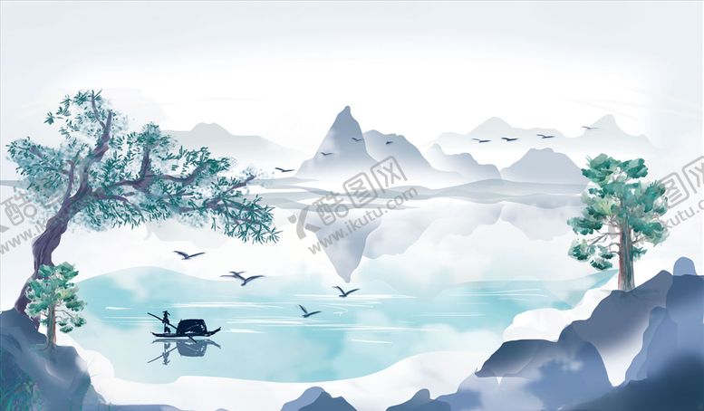 编号：74499806160348223768【酷图网】源文件下载-水墨山水小船树背景墙
