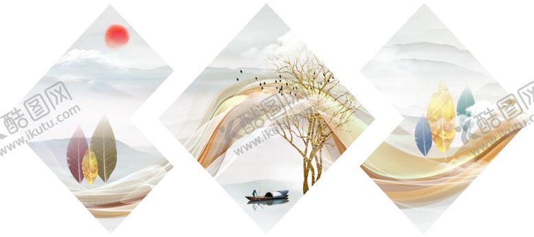 编号：59760510050430147426【酷图网】源文件下载-新中式线条飘带意境山水装饰画