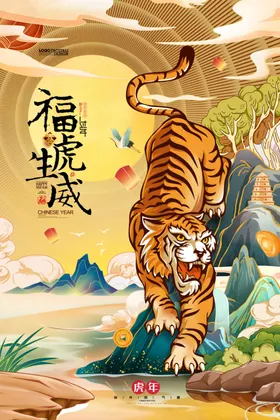 虎年手绘PSD海报字体新春广告剪纸