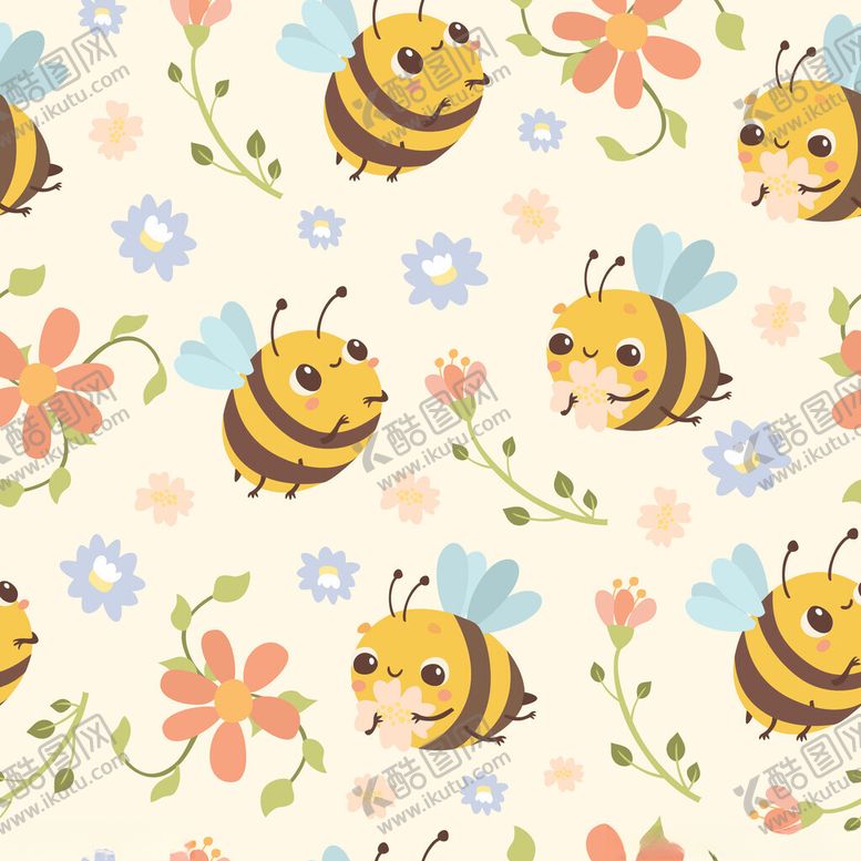 编号：45907411172314571413【酷图网】源文件下载-蜜蜂花卉可爱无缝图案