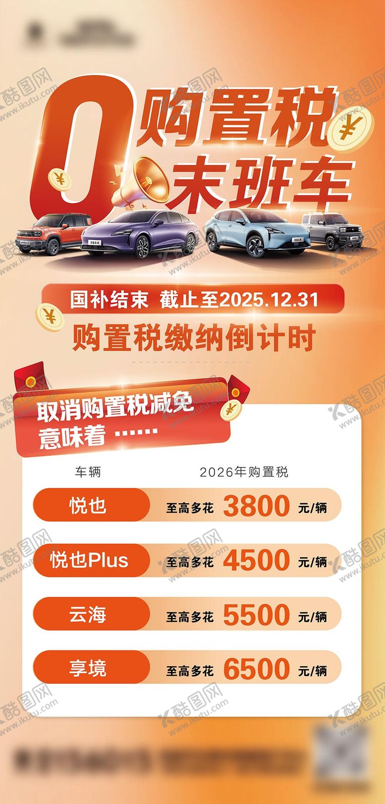 编号：52520610231447062160【酷图网】源文件下载-0购置税末班车海报