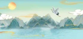 国潮海报设计图片鹤舞九天中风手绘中式背景