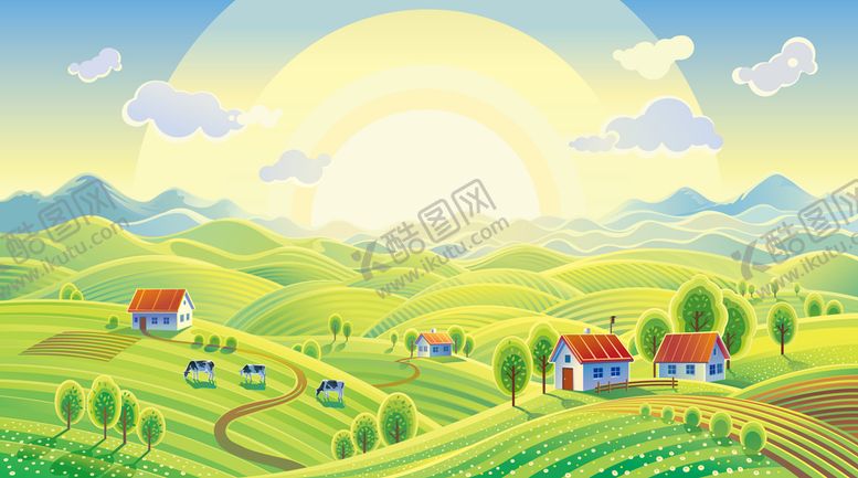 编号：59418009151502064327【酷图网】源文件下载-卡通风景蓝天白云山坡草地