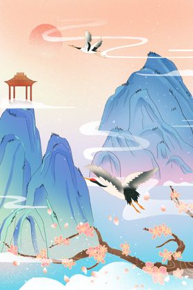 中式山水景飞鸟伴亭阁