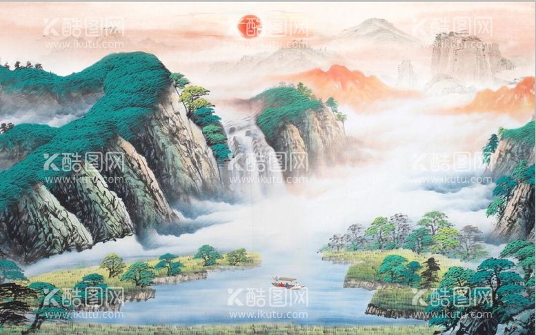 编号：87760311271756539201【酷图网】源文件下载-中式青绿山水国画电视背景墙