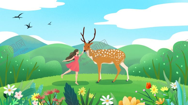 编号：13409112221118205468【酷图网】源文件下载-女孩和鹿插画