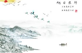 旭日东升松鹤延年玄关背景墙客厅艺术墙大理石背景墙