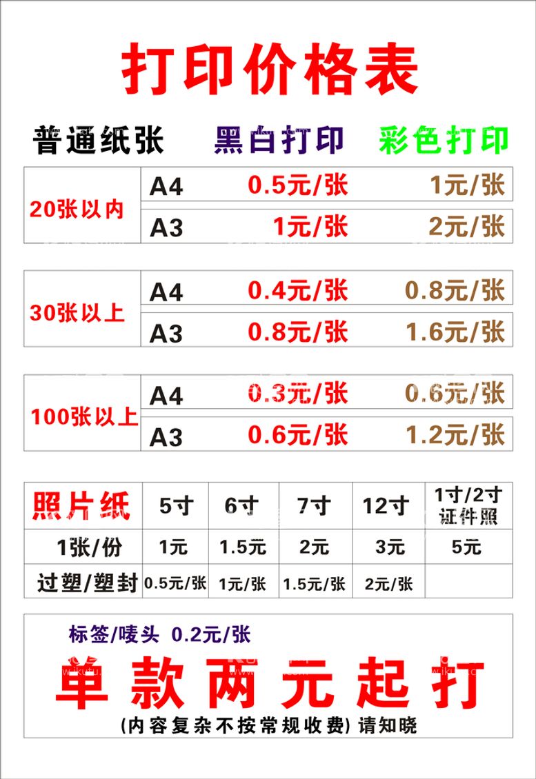 编号：18388911131840107847【酷图网】源文件下载-打印店价格表