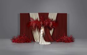 红色香槟色布幔秀场婚礼签到布置