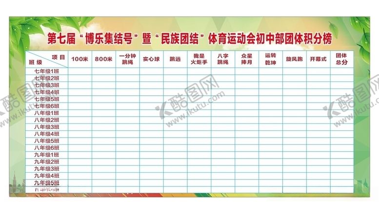 编号：90288203262358179588【酷图网】源文件下载-运动会积分表初中组运动会汇
