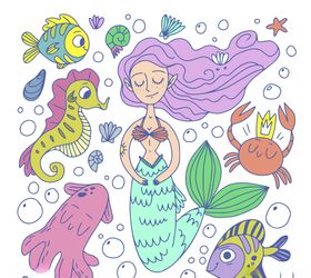 可爱美人鱼和海洋动物