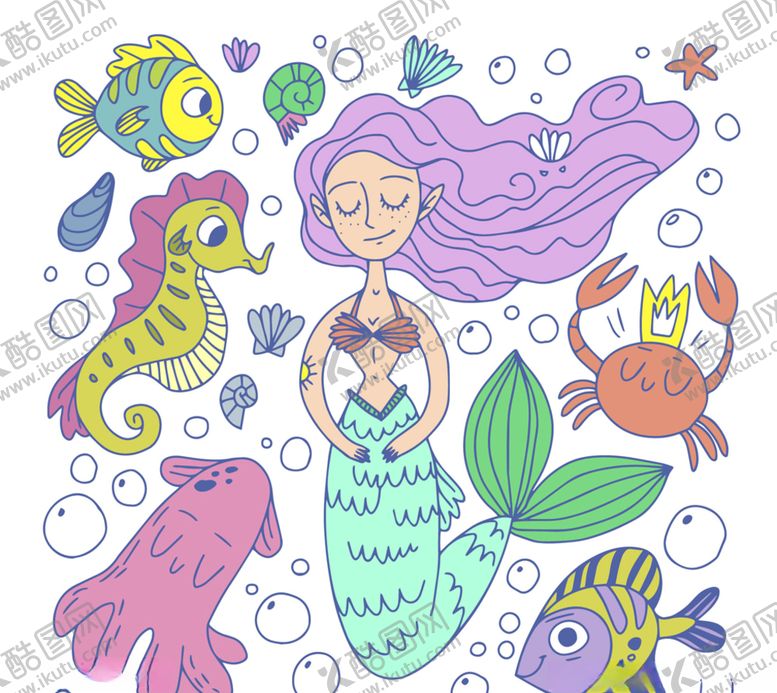 编号：92461410311741517262【酷图网】源文件下载-创意美人鱼和海洋动物矢量素材
