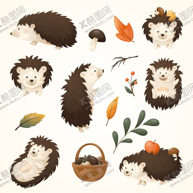 编号：95077211171428437032【酷图网】源文件下载-可爱刺猬与秋日元素插画
