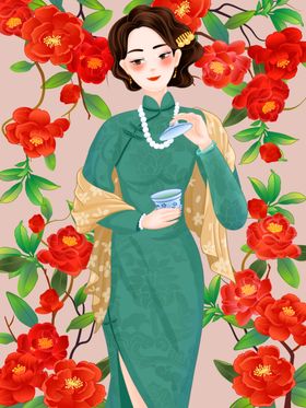 身着旗袍的优雅女子赏花