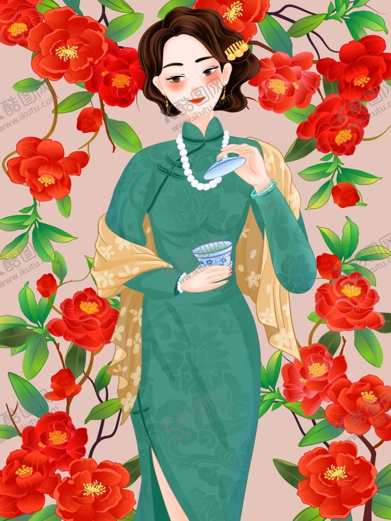 编号：47558304041611498847【酷图网】源文件下载-身着旗袍的优雅女子赏花