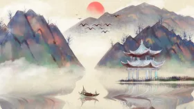 中国风山水背景式墨壁画装饰画